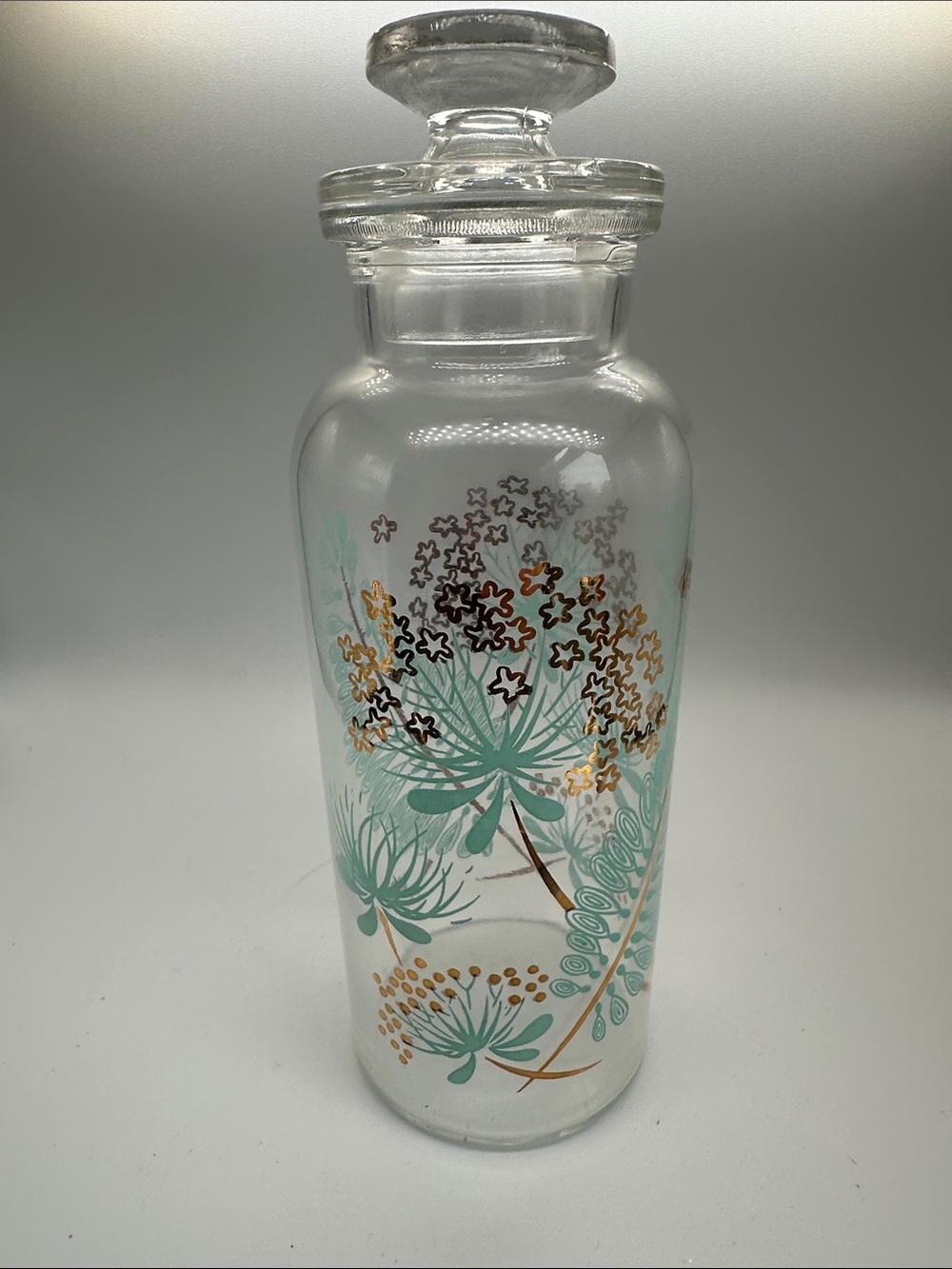 VTG 50s GLASS APOTHECARY BOTTLE JAR Gold & AQUA-TEAL FLORAL PATTERN With LID🪻
